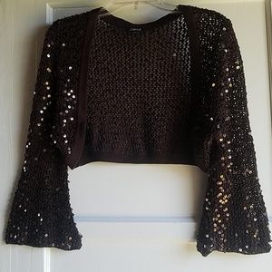 Brown Sequined Open Short Cardigan